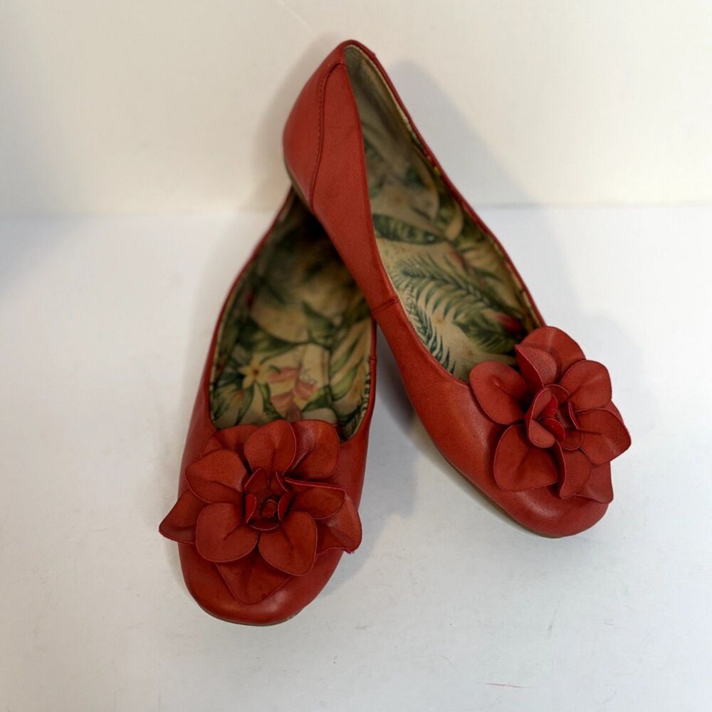 Born Comfort Red Leather Floral Ballet Flats Tropical Lining Womens 8M - Picture 5 of 8